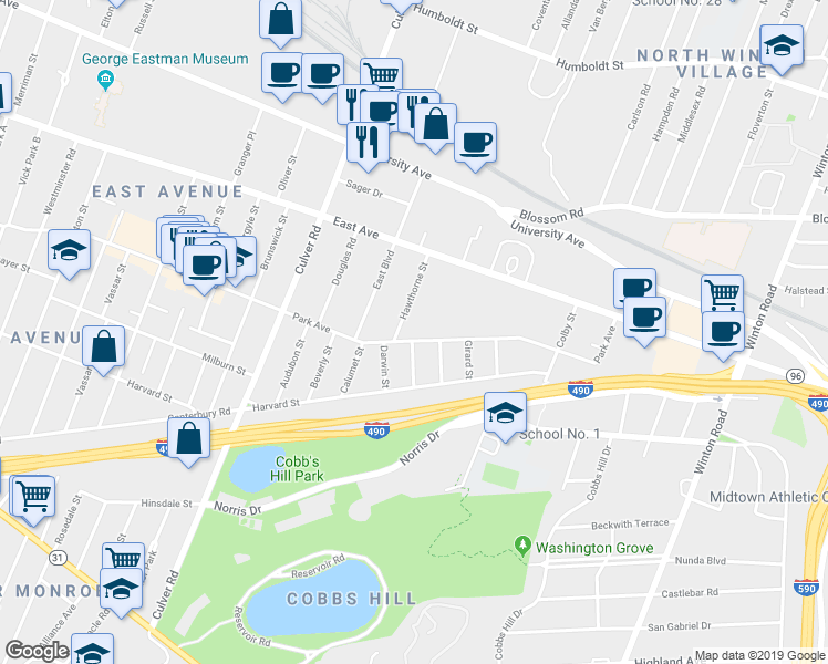 map of restaurants, bars, coffee shops, grocery stores, and more near 1020 Park Avenue in Rochester