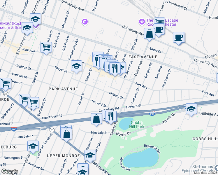 map of restaurants, bars, coffee shops, grocery stores, and more near 192 Milburn Street in Rochester