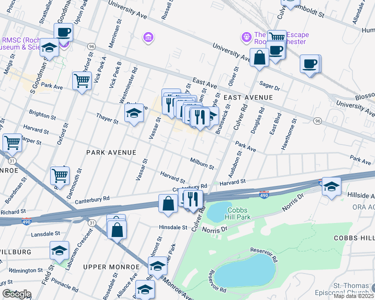 map of restaurants, bars, coffee shops, grocery stores, and more near 192 Milburn Street in Rochester