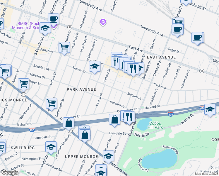 map of restaurants, bars, coffee shops, grocery stores, and more near 118 Vassar Street in Rochester