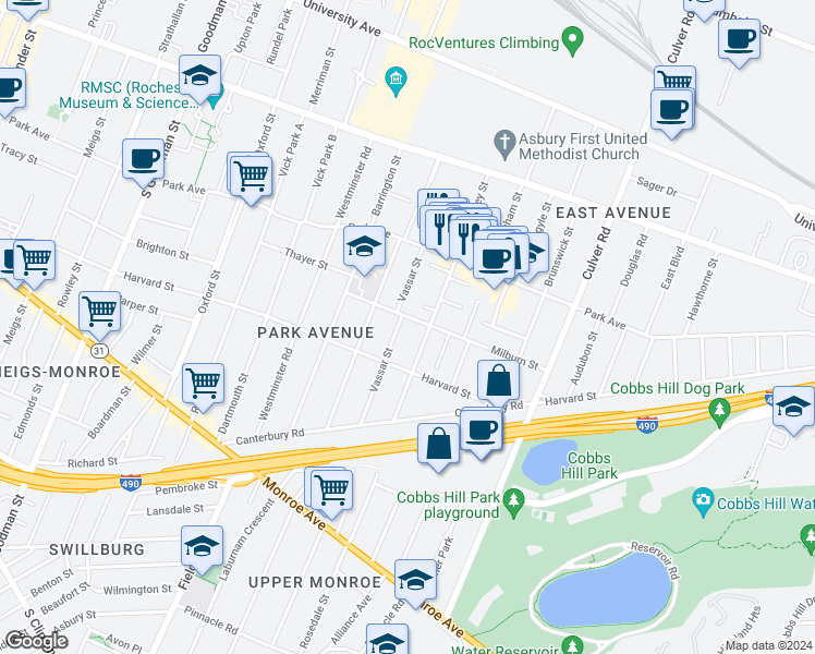 map of restaurants, bars, coffee shops, grocery stores, and more near 118 Vassar Street in Rochester