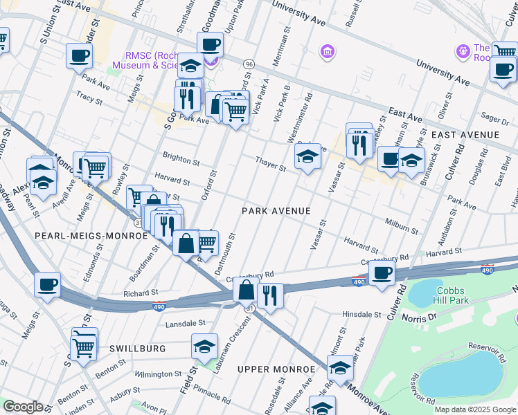 map of restaurants, bars, coffee shops, grocery stores, and more near 285 Westminster Road in Rochester