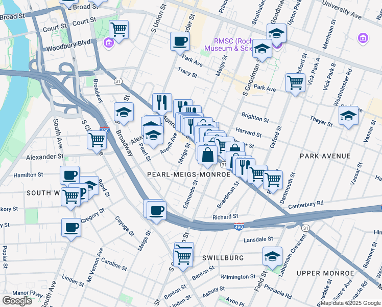 map of restaurants, bars, coffee shops, grocery stores, and more near 416 Meigs Street in Rochester