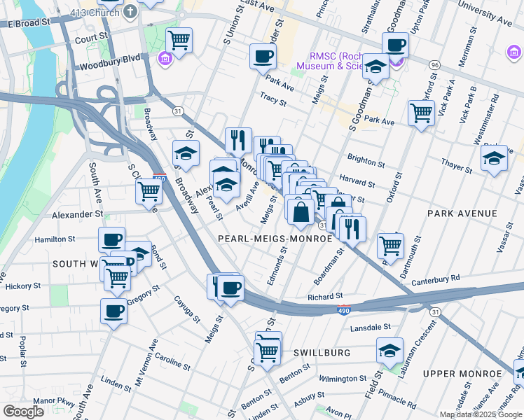 map of restaurants, bars, coffee shops, grocery stores, and more near 416 Meigs Street in Rochester