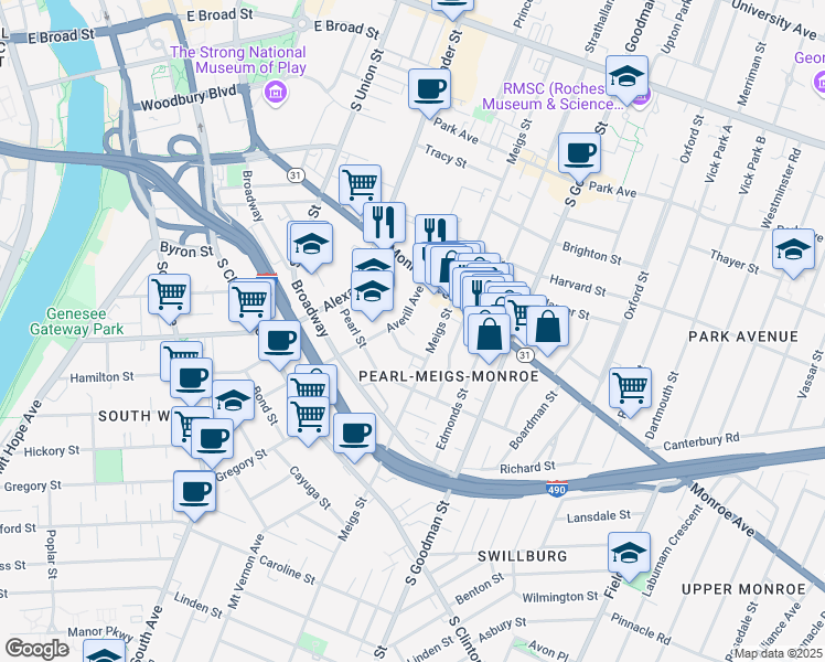 map of restaurants, bars, coffee shops, grocery stores, and more near 22 Elmhurst Street in Rochester