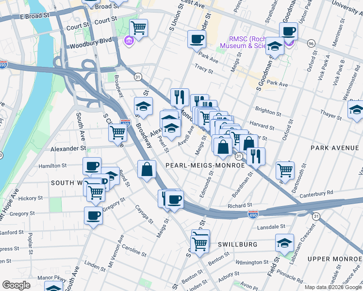 map of restaurants, bars, coffee shops, grocery stores, and more near 22 Elmhurst Street in Rochester