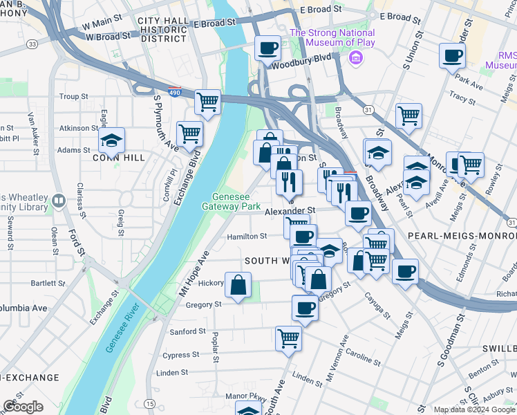 map of restaurants, bars, coffee shops, grocery stores, and more near 33 Alexander Street in Rochester