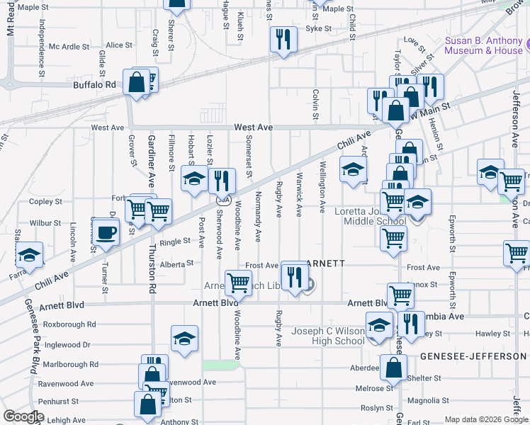 map of restaurants, bars, coffee shops, grocery stores, and more near 72 Normandy Avenue in Rochester