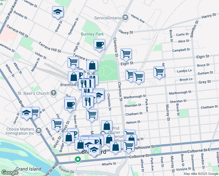 map of restaurants, bars, coffee shops, grocery stores, and more near 42 Grey Street in Brantford