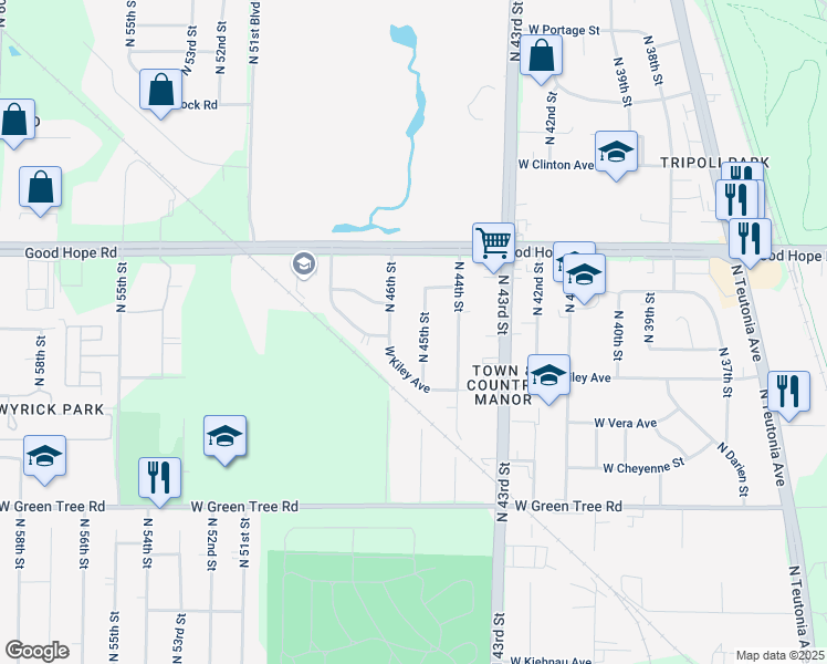 map of restaurants, bars, coffee shops, grocery stores, and more near 7061 North 45th Street in Milwaukee