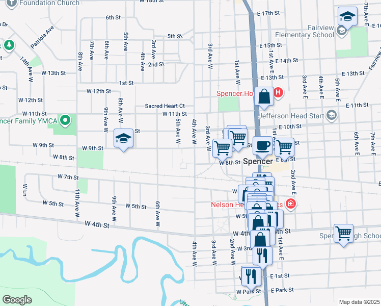 map of restaurants, bars, coffee shops, grocery stores, and more near 408 West 9th Street in Spencer