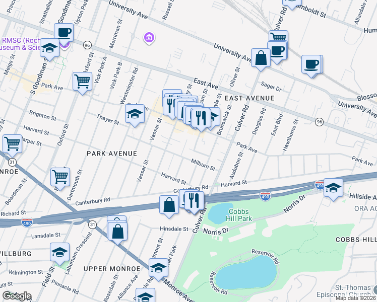 map of restaurants, bars, coffee shops, grocery stores, and more near 192 Milburn Street in Rochester