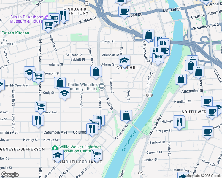 map of restaurants, bars, coffee shops, grocery stores, and more near Clarissa Street & Glasgow Street in Rochester