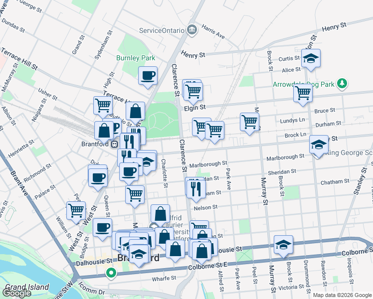 map of restaurants, bars, coffee shops, grocery stores, and more near 76 Grey Street in Brantford