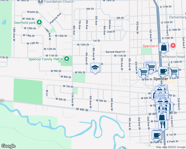map of restaurants, bars, coffee shops, grocery stores, and more near 724 West 9th Street in Spencer