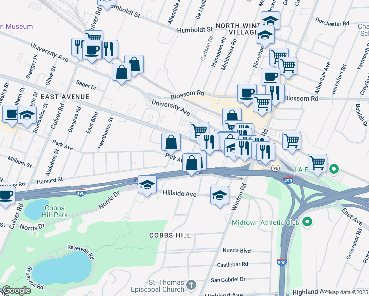 map of restaurants, bars, coffee shops, grocery stores, and more near 1625 East Avenue in Rochester