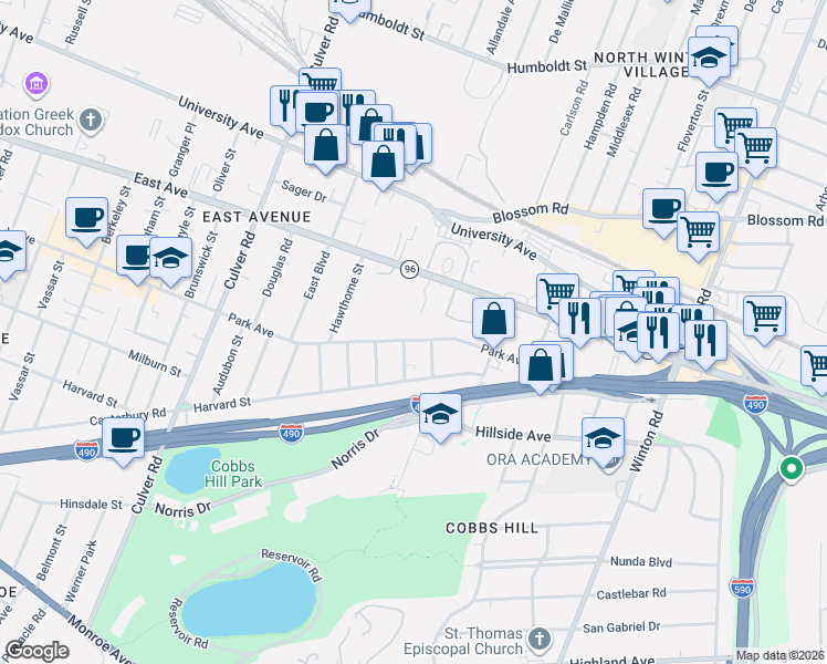 map of restaurants, bars, coffee shops, grocery stores, and more near in Rochester