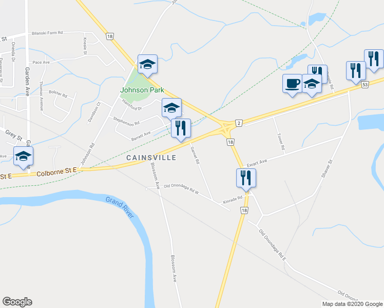 map of restaurants, bars, coffee shops, grocery stores, and more near 9 Garnet Road in Brantford