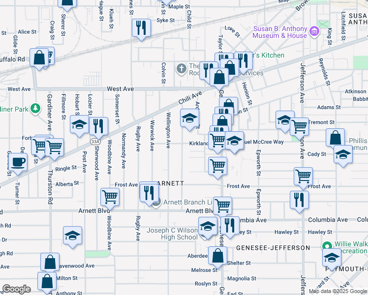 map of restaurants, bars, coffee shops, grocery stores, and more near 140 Kenwood Avenue in Rochester