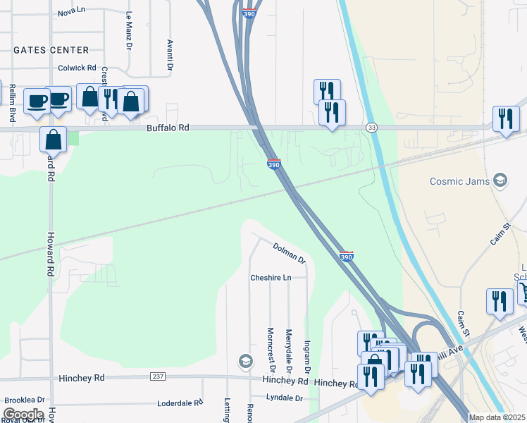map of restaurants, bars, coffee shops, grocery stores, and more near 86 Dolman Drive in Rochester