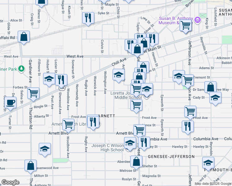 map of restaurants, bars, coffee shops, grocery stores, and more near 138 Kenwood Avenue in Rochester