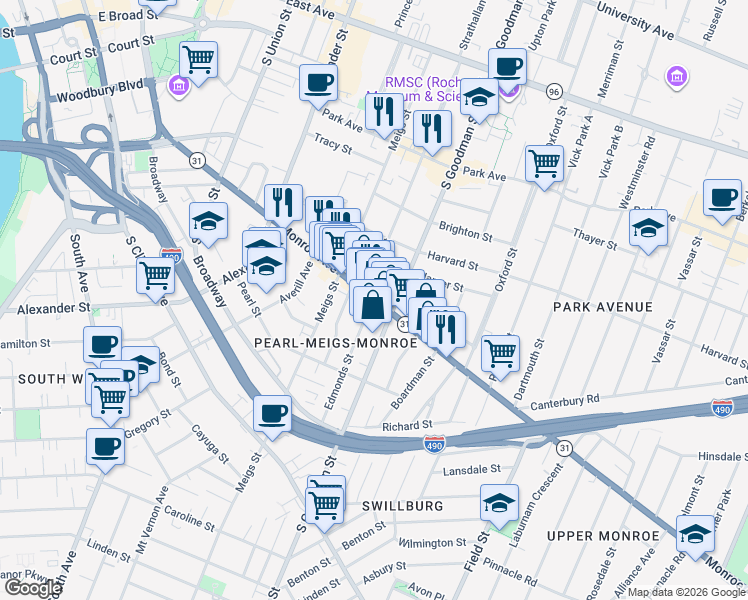 map of restaurants, bars, coffee shops, grocery stores, and more near 523 Monroe Avenue in Rochester