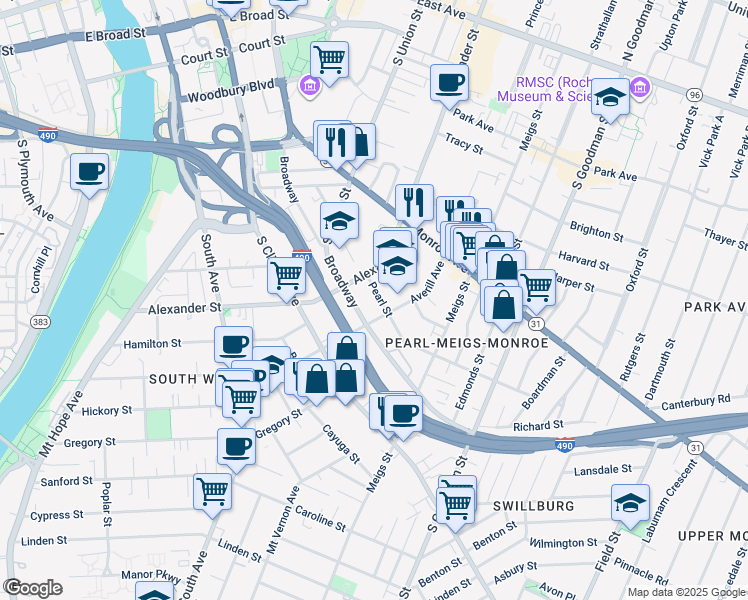 map of restaurants, bars, coffee shops, grocery stores, and more near 556 Broadway in Rochester