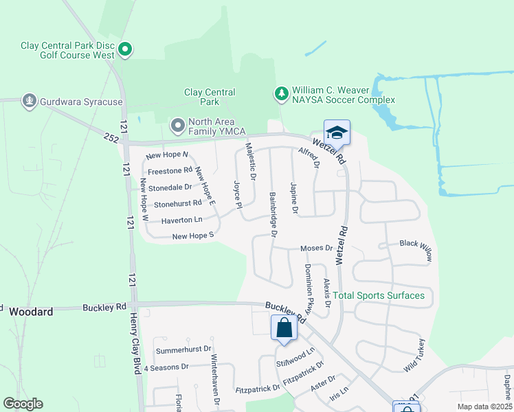 map of restaurants, bars, coffee shops, grocery stores, and more near 7701 Majestic Drive in Liverpool