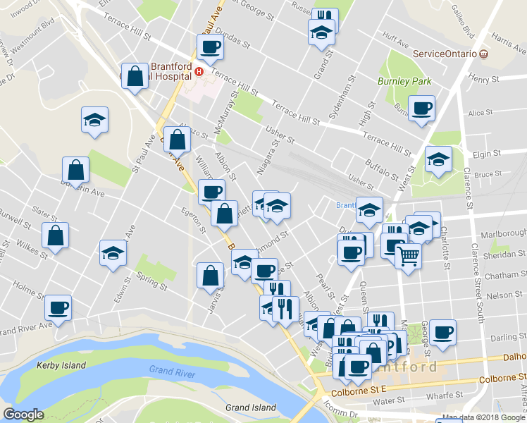 map of restaurants, bars, coffee shops, grocery stores, and more near 115 Albion Street in Brantford