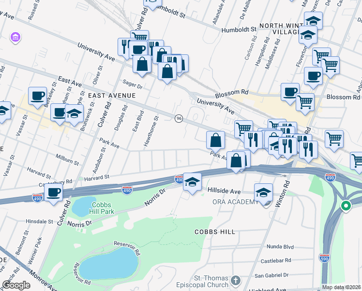 map of restaurants, bars, coffee shops, grocery stores, and more near in Rochester