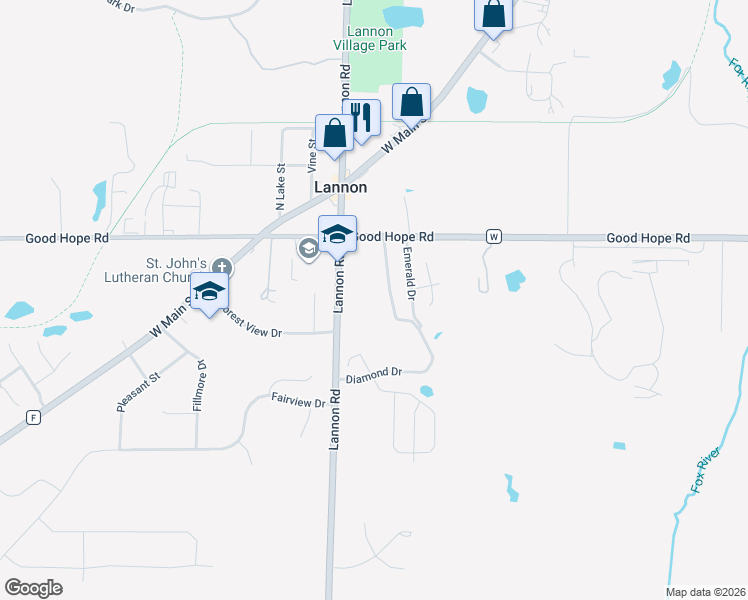 map of restaurants, bars, coffee shops, grocery stores, and more near 20265 Good Hope Road in Lannon