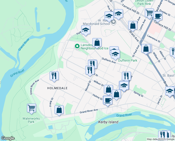 map of restaurants, bars, coffee shops, grocery stores, and more near Burwell Street in Brantford