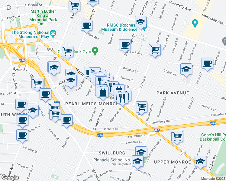 map of restaurants, bars, coffee shops, grocery stores, and more near 366 South Goodman Street in Rochester