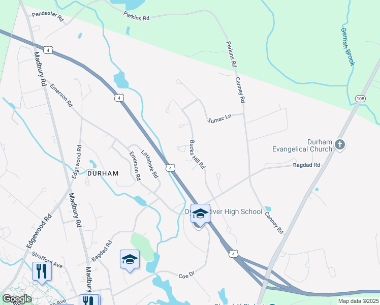 map of restaurants, bars, coffee shops, grocery stores, and more near 12 Bucks Hill Road in Durham