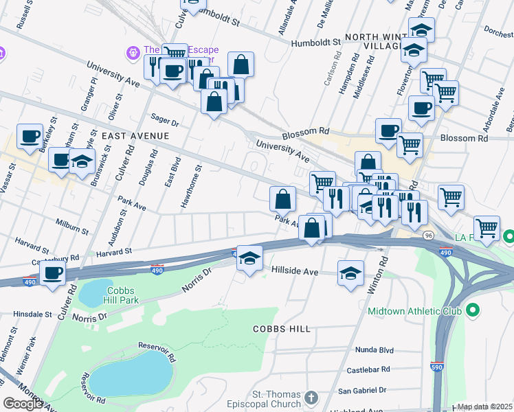 map of restaurants, bars, coffee shops, grocery stores, and more near 1200 Park Avenue in Rochester
