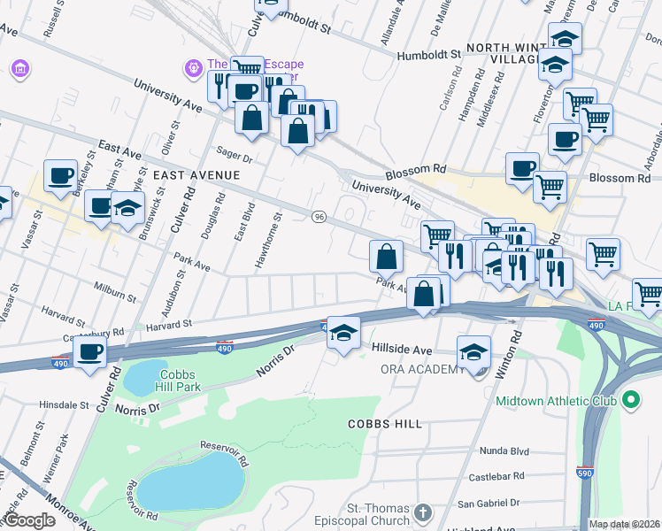 map of restaurants, bars, coffee shops, grocery stores, and more near in Rochester