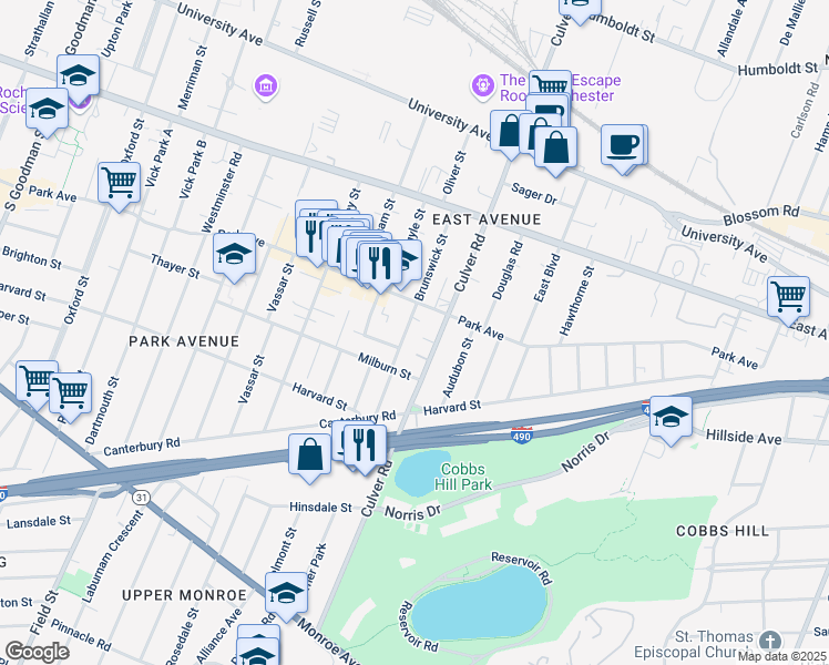 map of restaurants, bars, coffee shops, grocery stores, and more near 219 Culver Road in Rochester