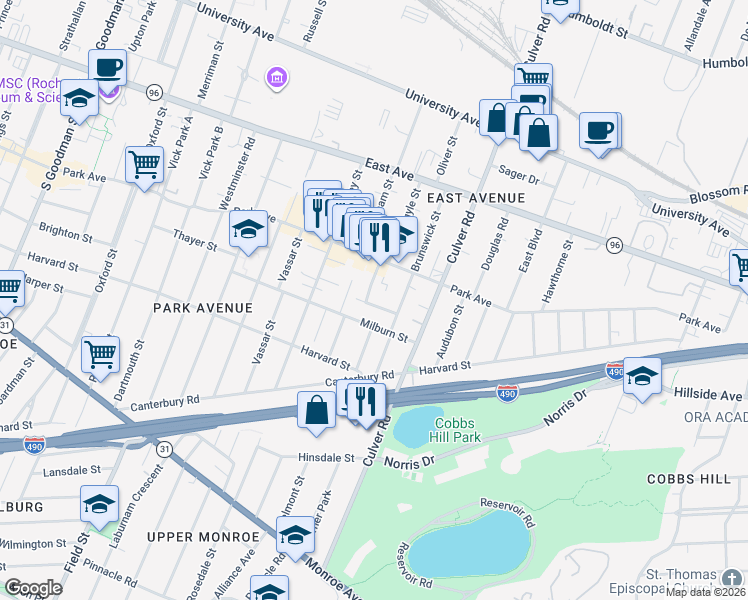 map of restaurants, bars, coffee shops, grocery stores, and more near 18 Morningside Park in Rochester
