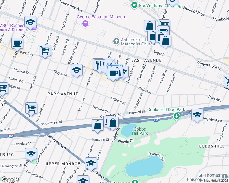 map of restaurants, bars, coffee shops, grocery stores, and more near 18 Morningside Park in Rochester
