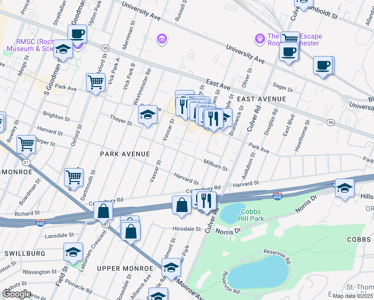 map of restaurants, bars, coffee shops, grocery stores, and more near 143 Milburn Street in Rochester