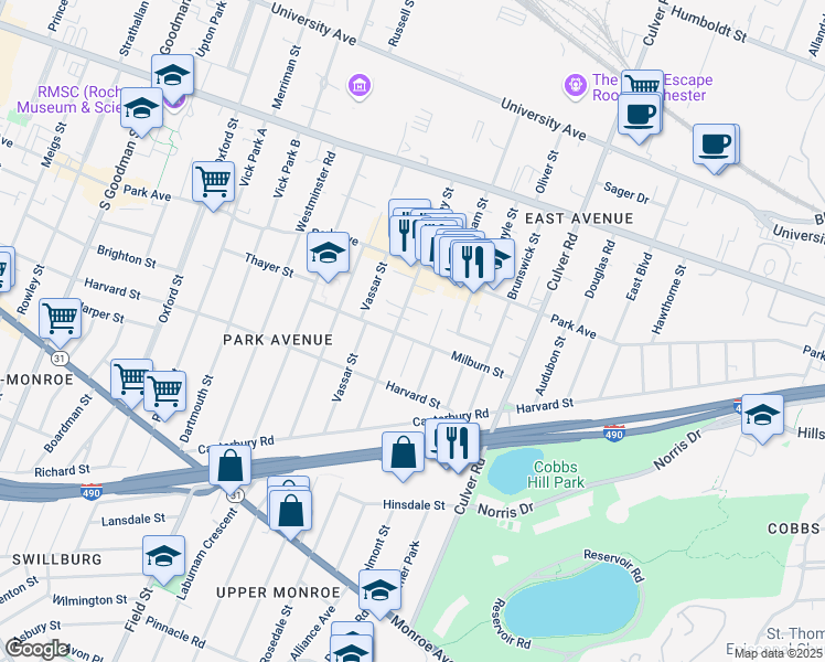 map of restaurants, bars, coffee shops, grocery stores, and more near 143 Milburn Street in Rochester