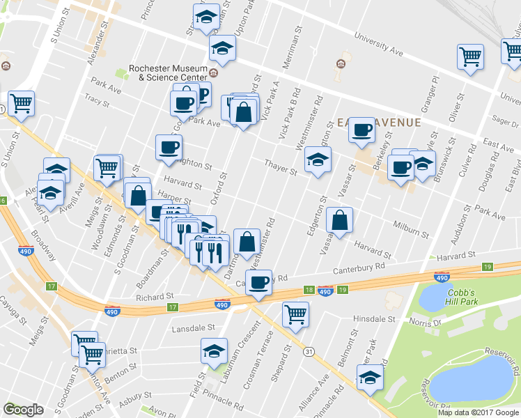 map of restaurants, bars, coffee shops, grocery stores, and more near 285 Westminster Road in Rochester