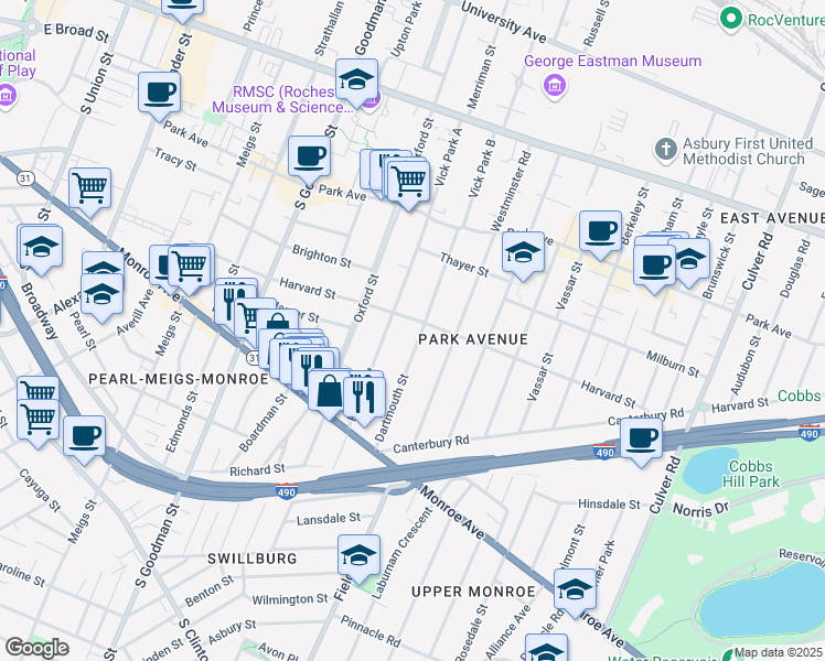map of restaurants, bars, coffee shops, grocery stores, and more near 169 Dartmouth Street in Rochester