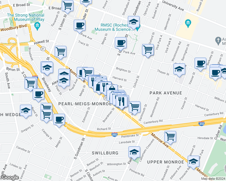 map of restaurants, bars, coffee shops, grocery stores, and more near 42 Cornell Street in Rochester