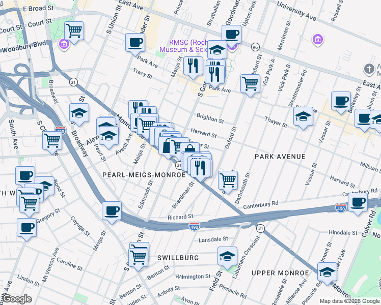 map of restaurants, bars, coffee shops, grocery stores, and more near 42 Cornell Street in Rochester