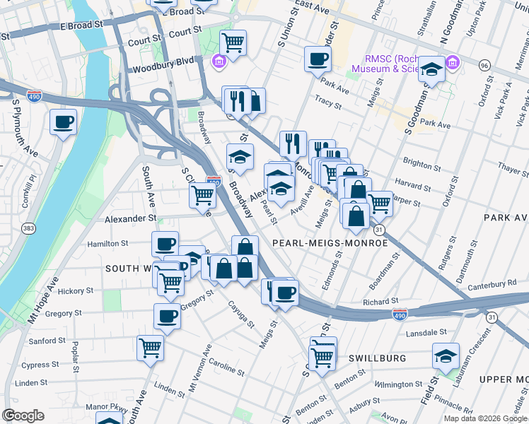 map of restaurants, bars, coffee shops, grocery stores, and more near 556 Broadway in Rochester