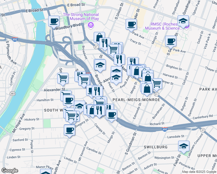 map of restaurants, bars, coffee shops, grocery stores, and more near 556 Broadway in Rochester