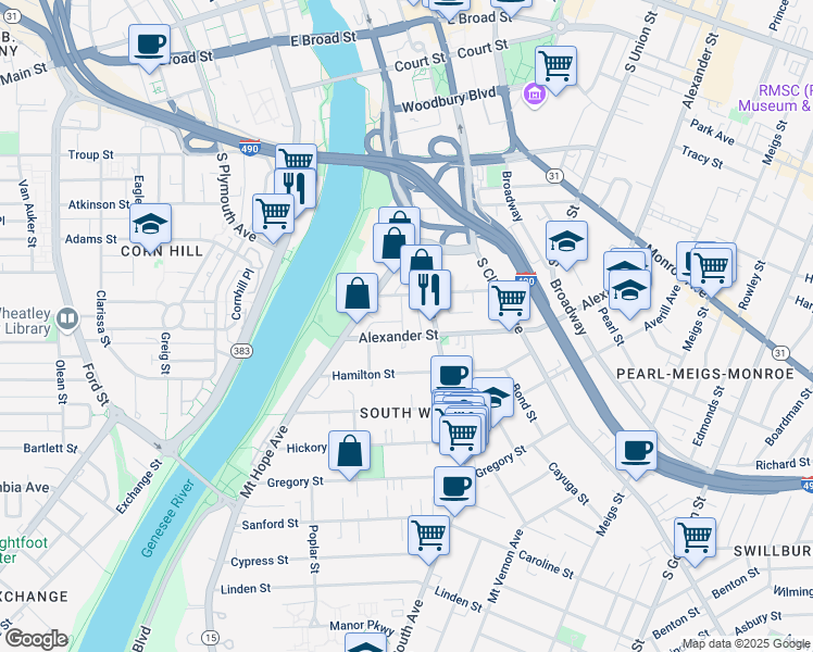 map of restaurants, bars, coffee shops, grocery stores, and more near 33 Alexander Street in Rochester