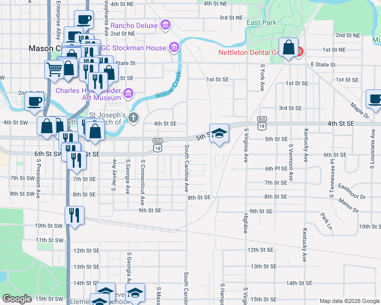 map of restaurants, bars, coffee shops, grocery stores, and more near 615 6th St SE in Mason City