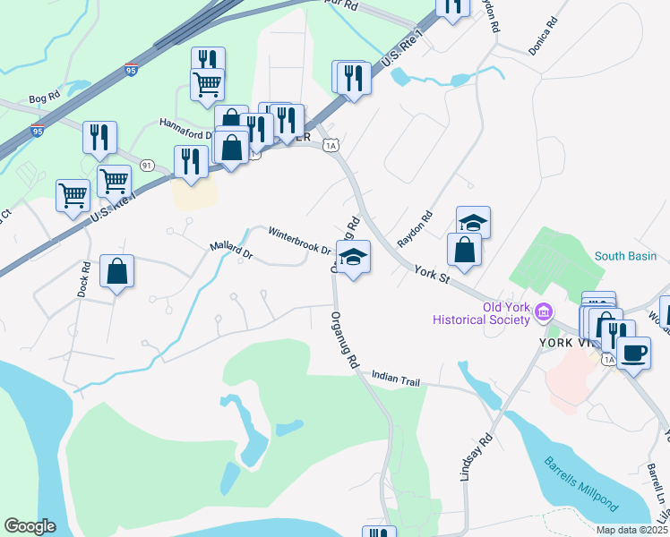 map of restaurants, bars, coffee shops, grocery stores, and more near 30 Organug Road in York